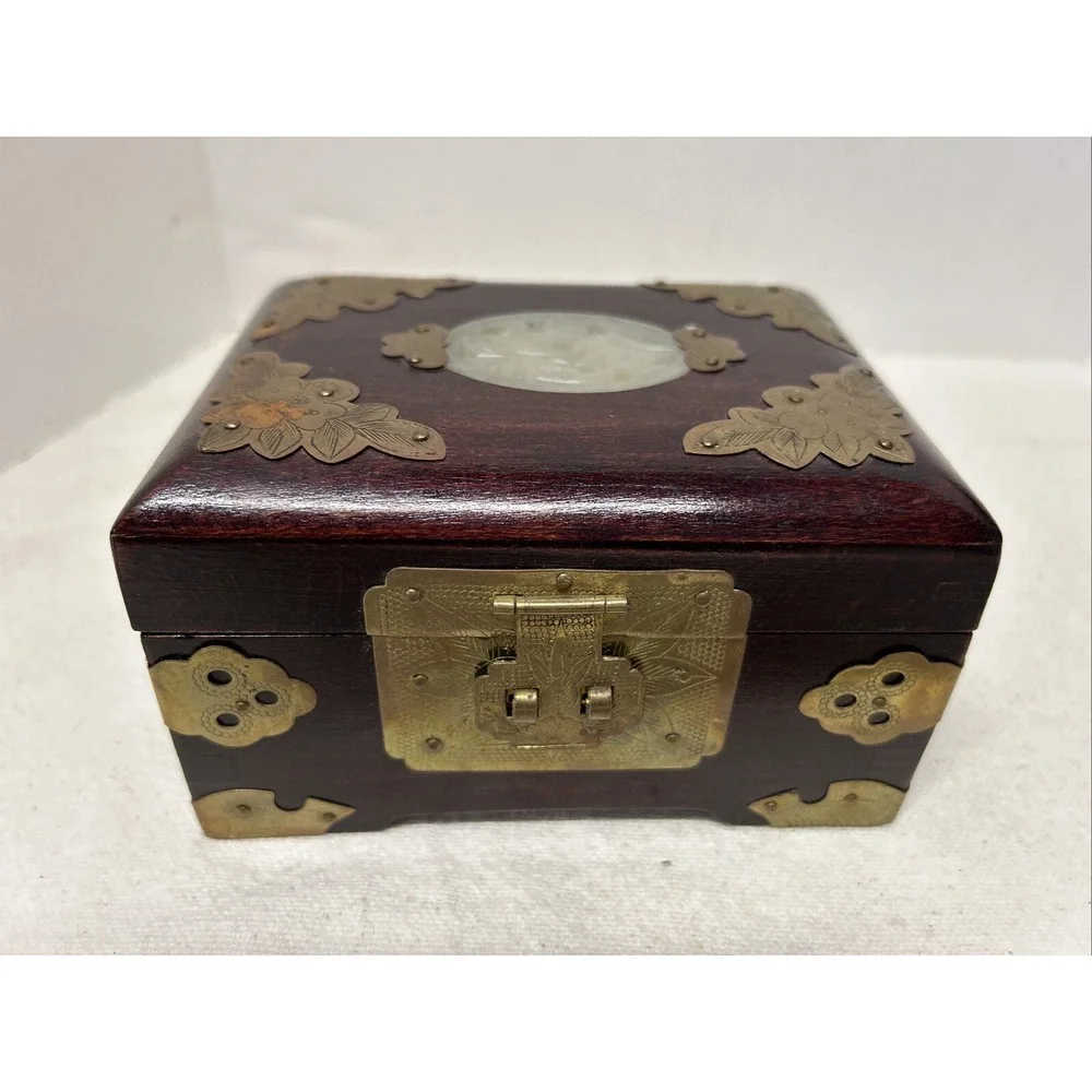 Vintage Jewelry Box Asian Oriental Chinese Ornate Brass Wood Jade Like Carving
